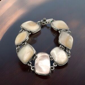 Vintage FAS 925 Sterling Silver Seven Piece Shiny Mother Of Pearl Bracelet 8”